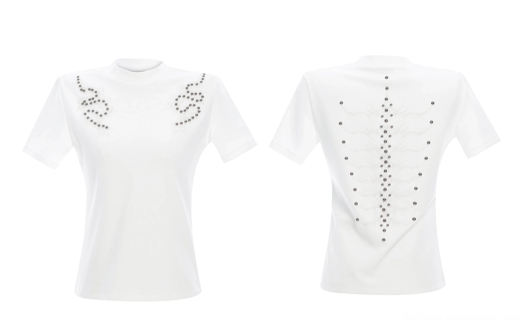 White fitted studded crew neck T-shirt shown from front and back with crystal swirl and vertical spine embellishments