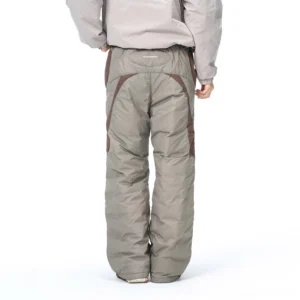 Rear view of wide-leg padded track pants showing curved dark brown back panels and quilted down-filled construction