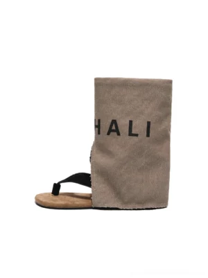 Khaki split-toe suede western sandal boots shown from the front with black toe-post strap, tan footbed, relaxed shaft, and graphic lettering