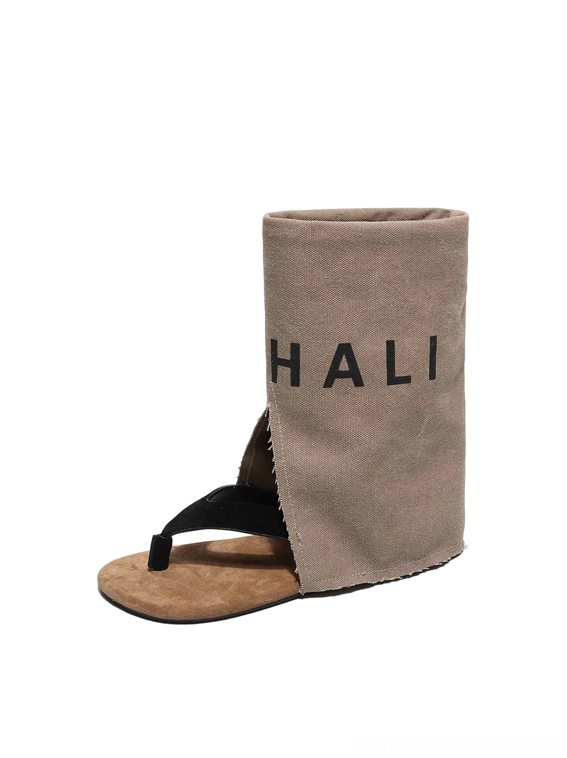 Side profile of split-toe suede western sandal boots with khaki shaft, black toe-post strap, tan footbed, and raw-edge detail