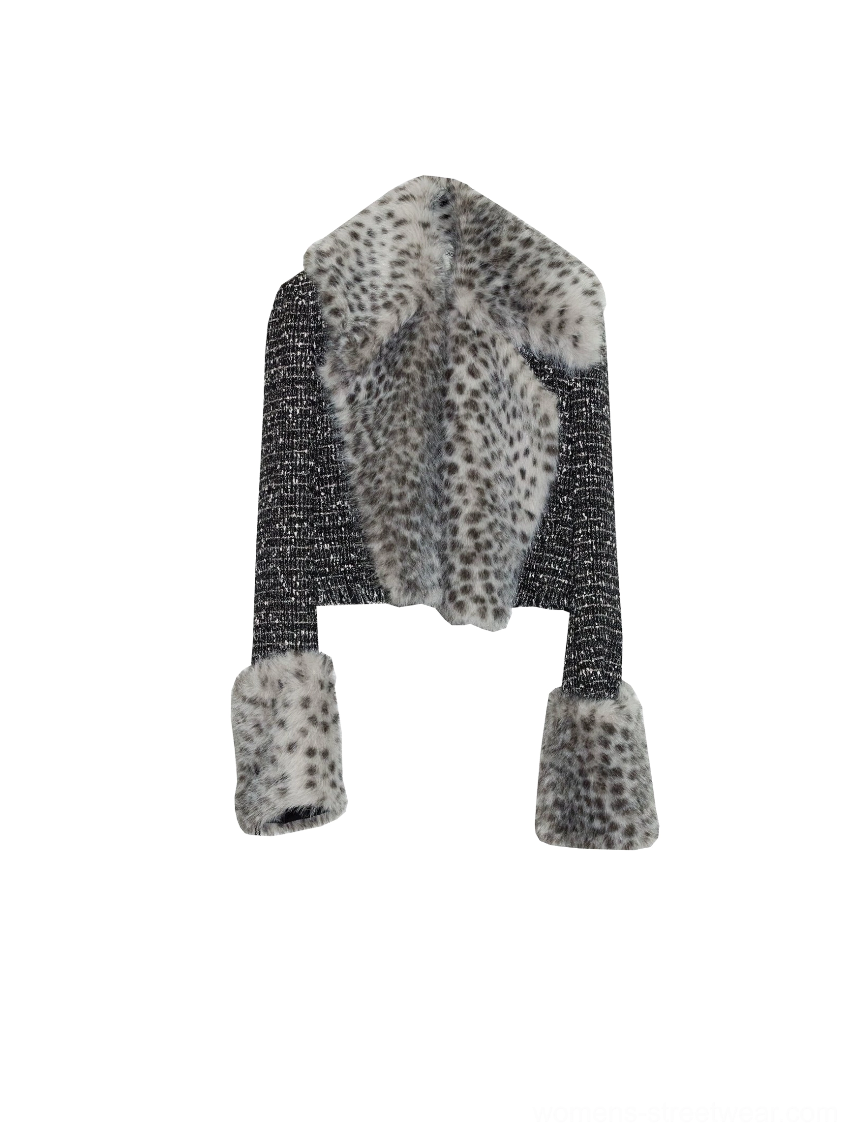 Flat lay view of a spotted grey faux fur cropped tweed jacket with dark marled texture and statement trim