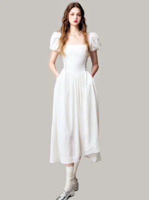 White square neck jacquard puff sleeve midi dress with ruched bust, cinched waist, textured fabric, and flowing A-line skirt