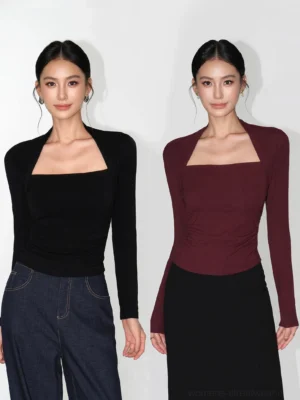 Black and Angolan Red square neck long sleeve slim knit tops with ruched waist details styled with denim and long skirts