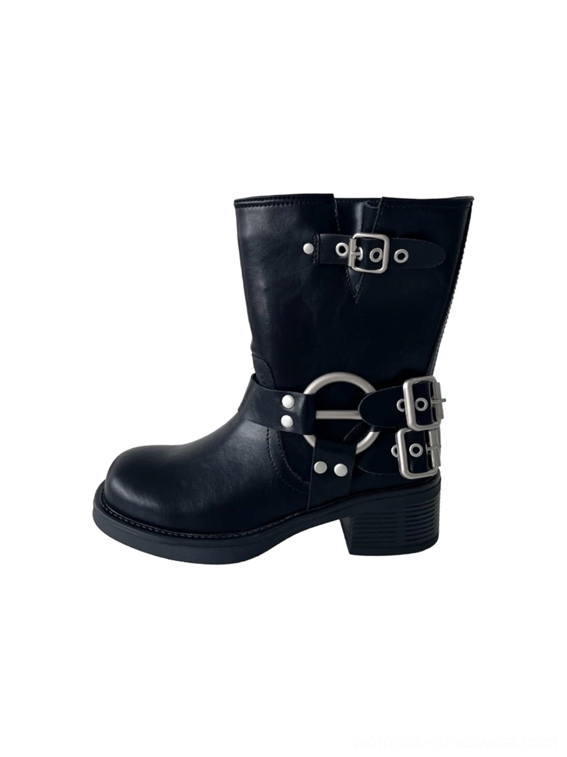 Black square-toe buckled genuine leather Western boots with double harness straps and chunky block heel