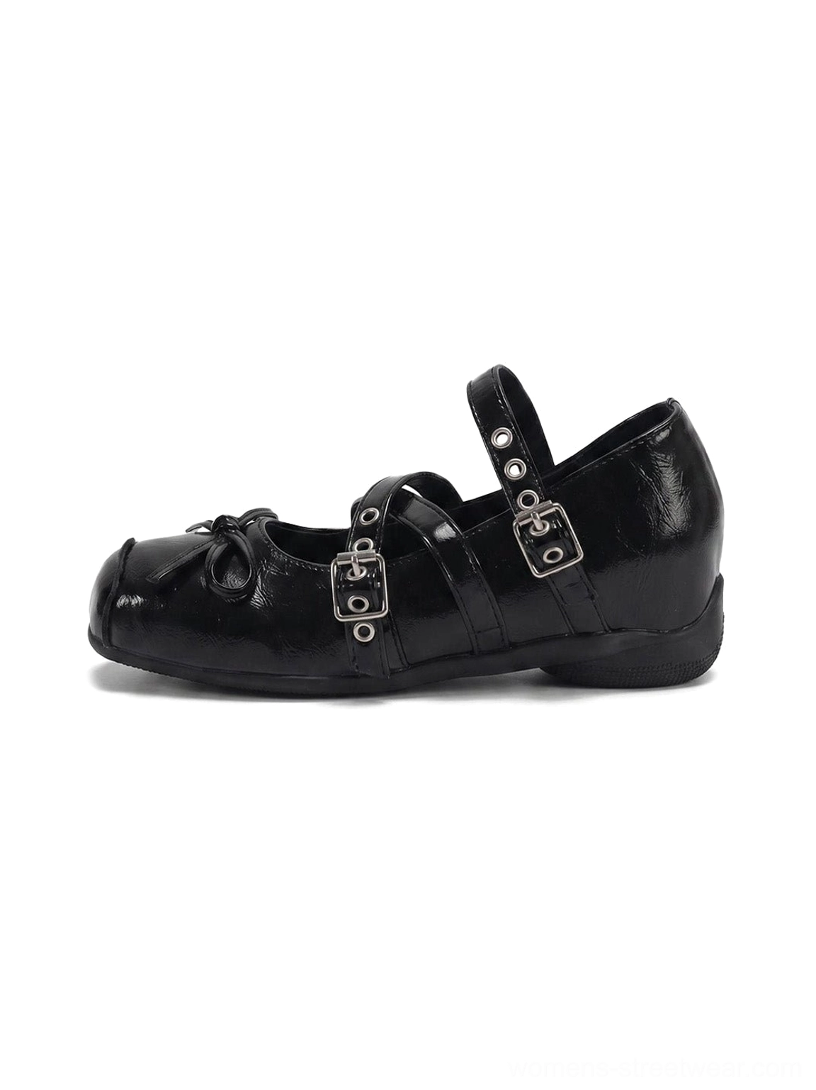 Black patent leather square-toe double-strap Mary Jane flats with front bow and adjustable silver buckles