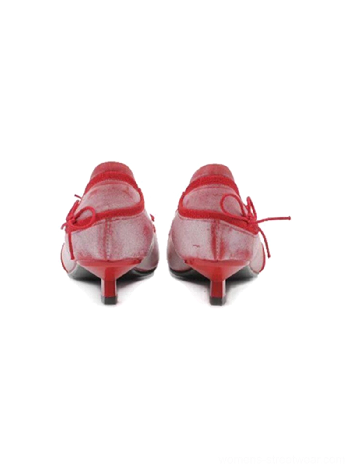 Rear view of square-toe mesh ballet flats showing the red kitten heel and adjustable bow strap detail