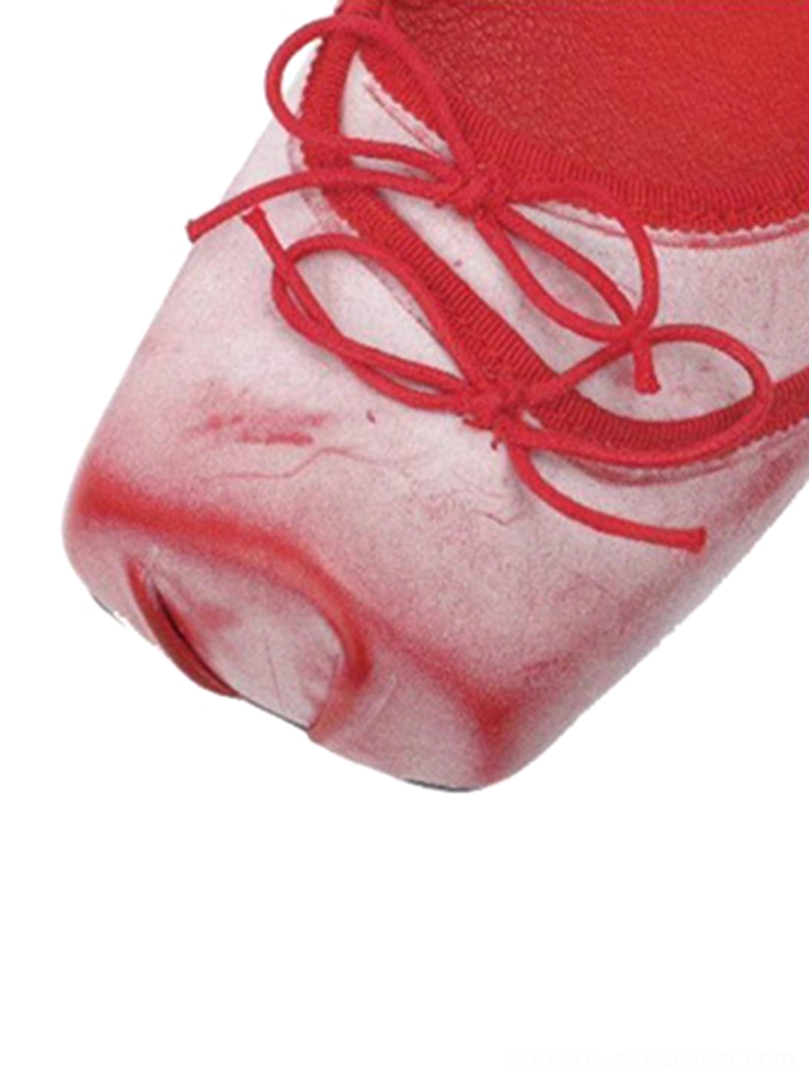 Close-up view of the square toe, red fabric bow, contrasting trim, and washed finish on mesh bow ballet flats