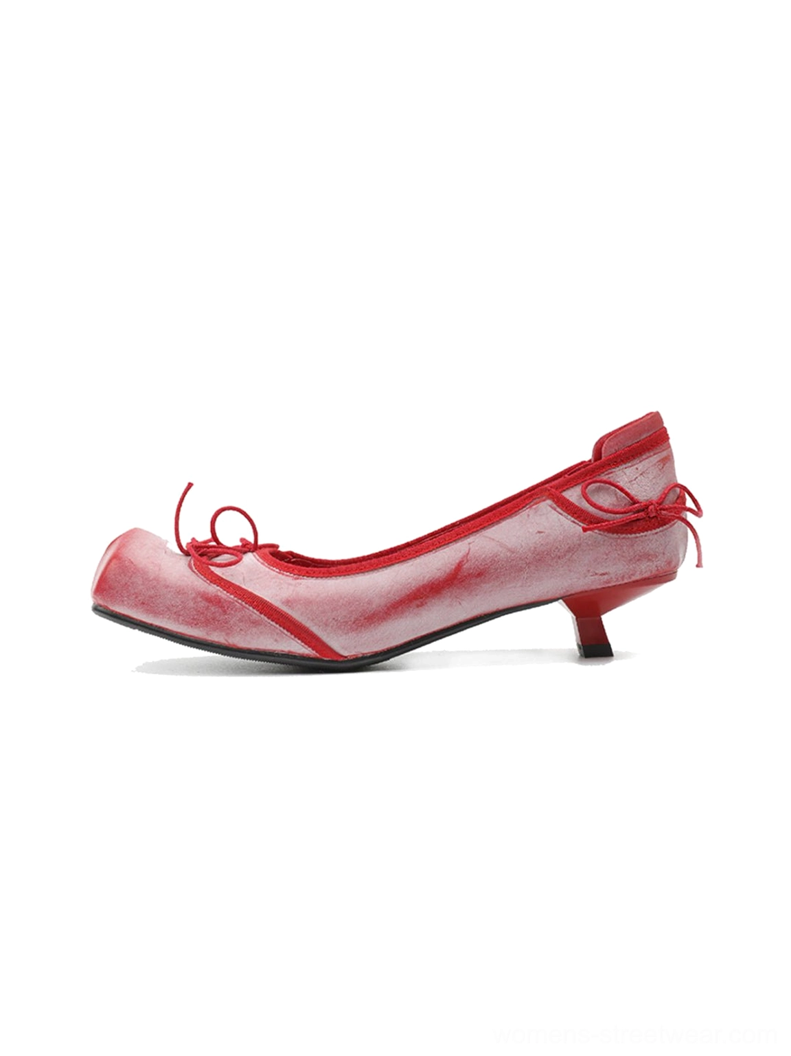 Red and off-white washed square-toe mesh ballet flats with bow accents, red kitten heels, and rear ribbon strap detail on a white background