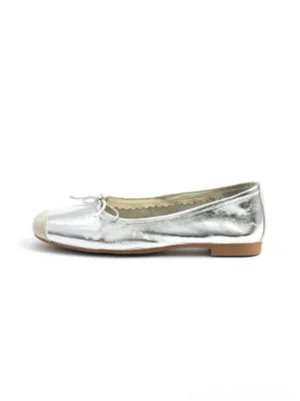 Silver square-toe metallic bow ballet flat with contrasting beige toe cap and low flat sole