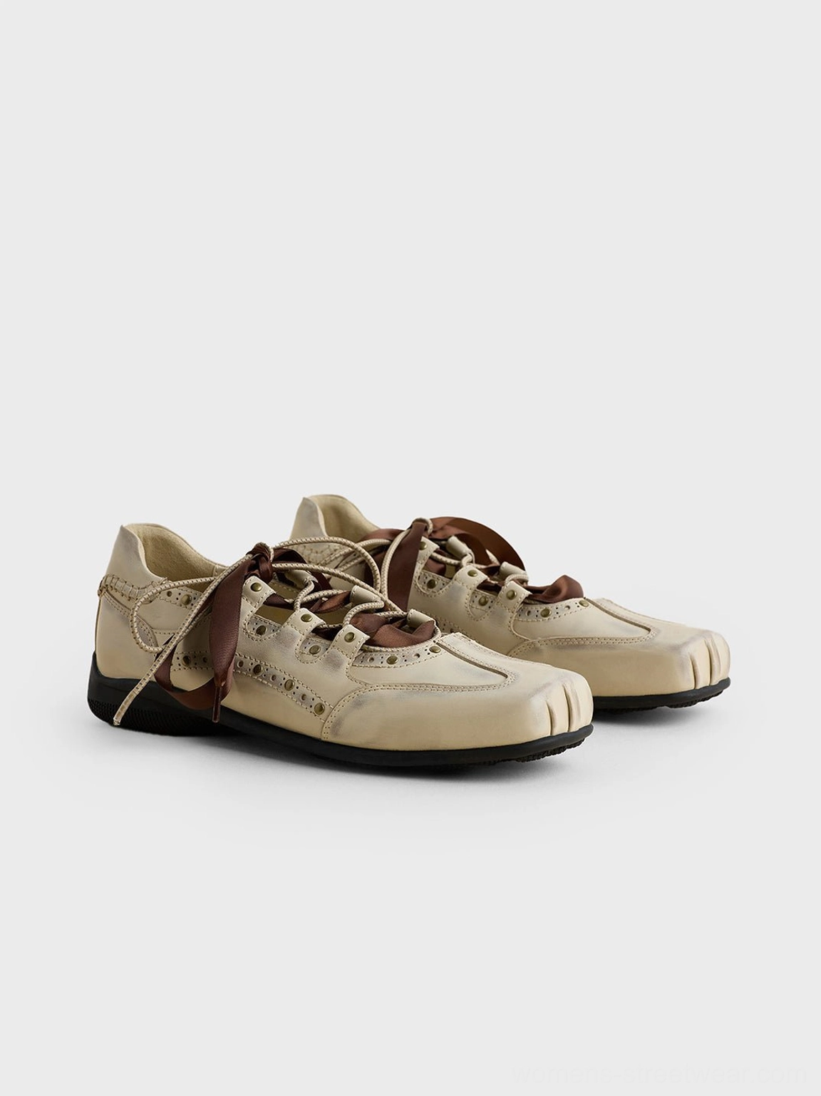 Square toe satin ribbon lace-up ballet trainer sneakers adjustable ribbon detail image