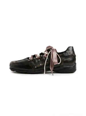 Black square toe satin ribbon lace-up ballet trainer sneakers side view with glossy upper and metal stud details