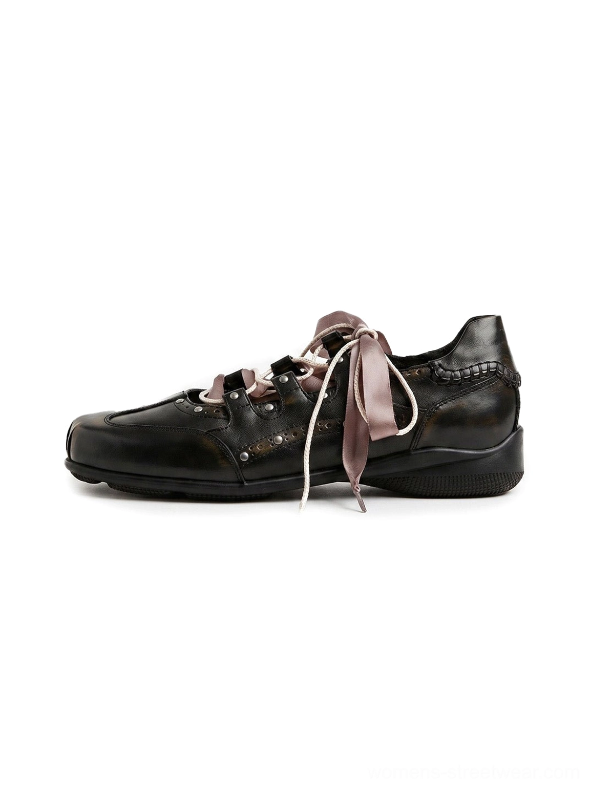 Black square toe satin ribbon lace-up ballet trainer sneakers side view with glossy upper and metal stud details