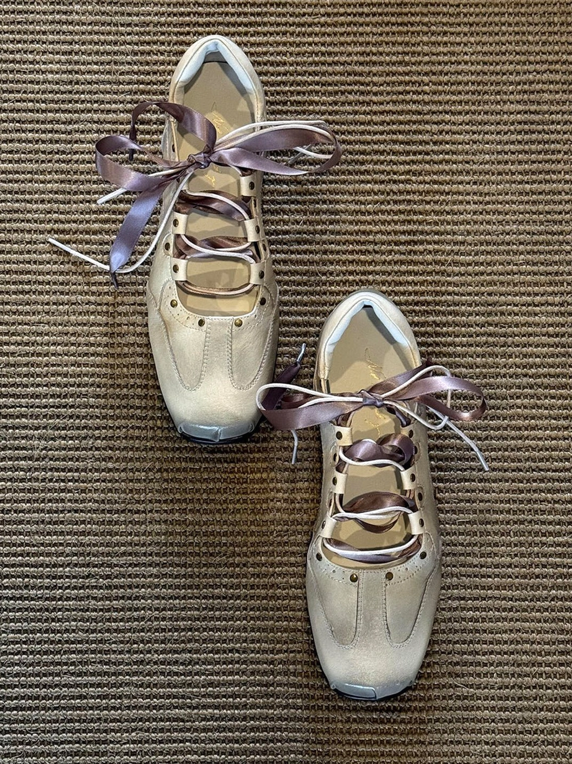 Square toe satin ribbon lace-up ballet trainer sneakers fashion detail product image
