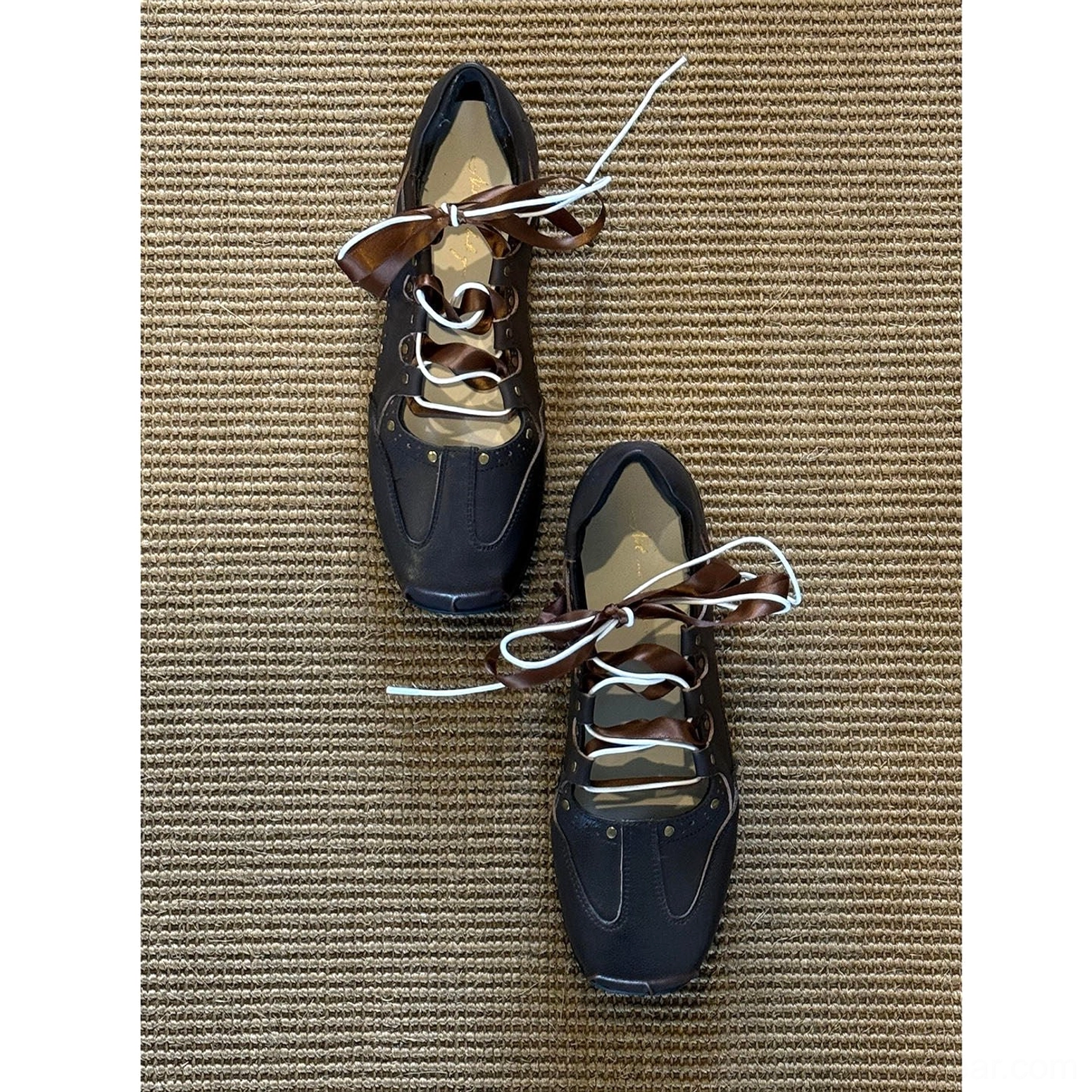Square toe satin ribbon lace-up ballet trainer sneakers fashion product image