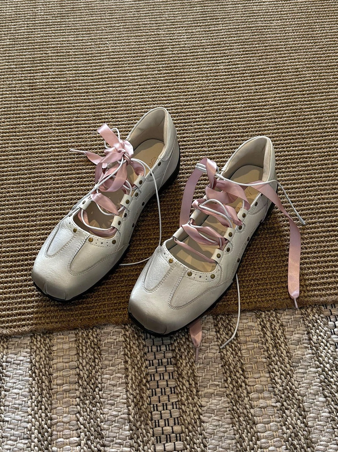Square toe satin ribbon lace-up ballet trainer sneakers low-cut silhouette product image