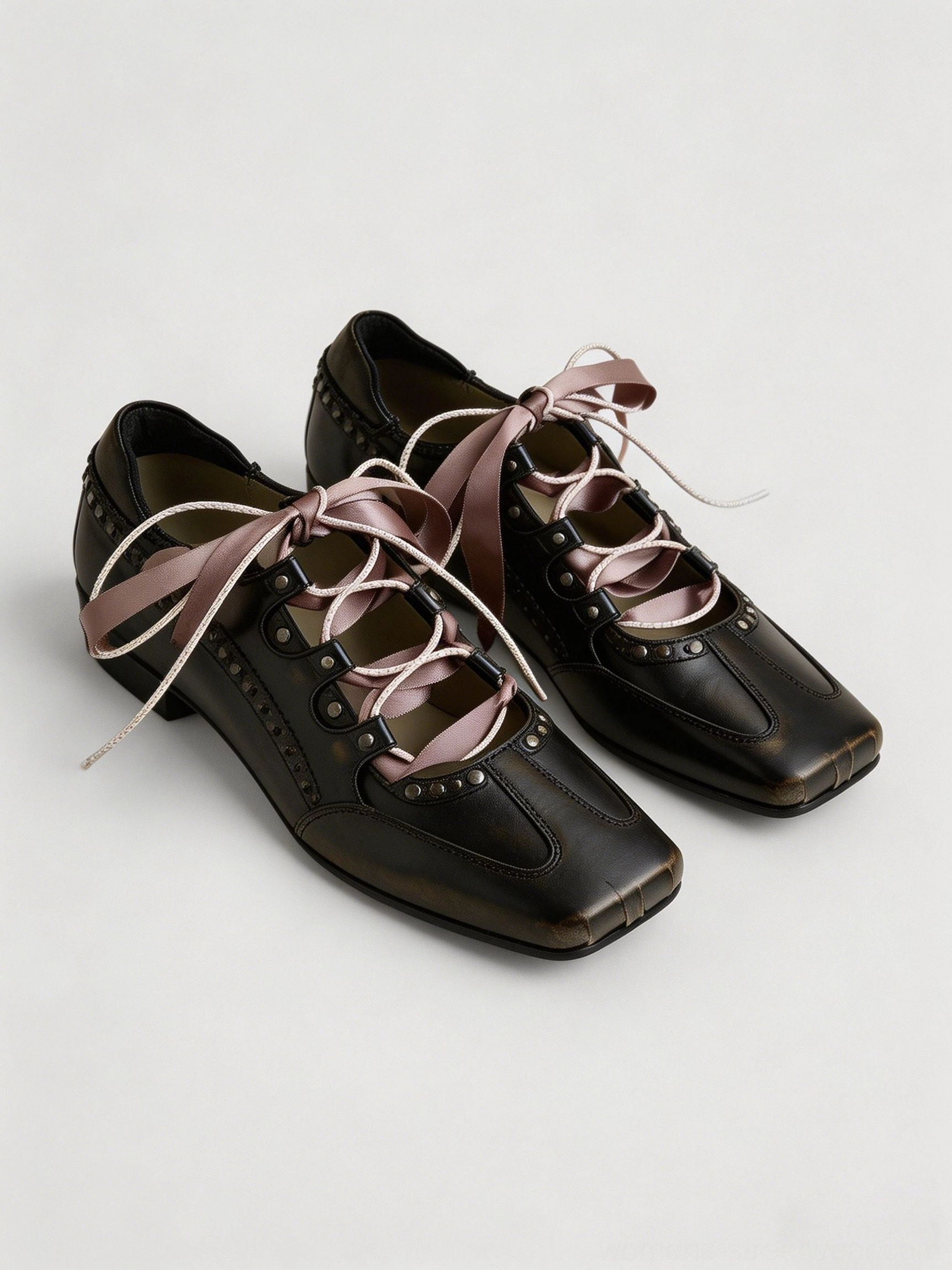 Square toe satin ribbon lace-up ballet trainer sneakers detailed product view