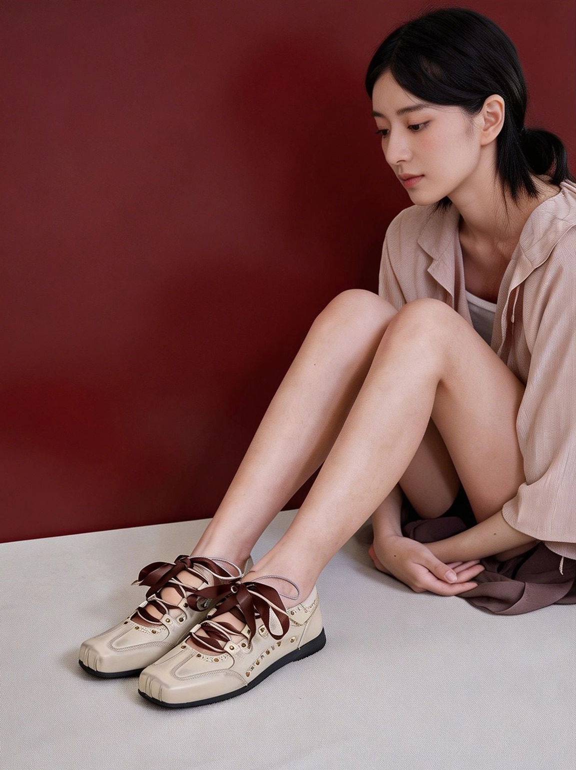 Square toe satin ribbon lace-up ballet trainer sneakers streetwear styling image