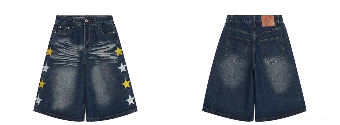 Front and back flat lay of dark blue star appliqué wide-leg denim knee shorts with five-pocket construction