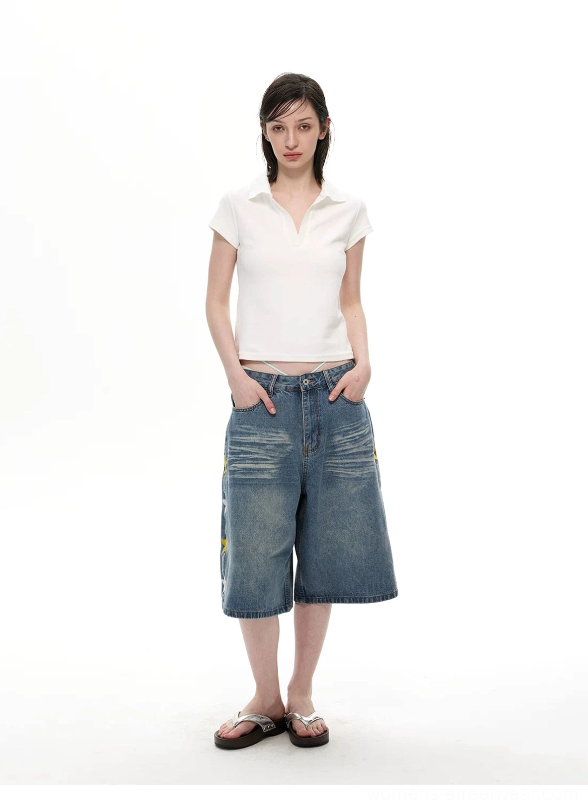 Light blue wide-leg denim knee shorts styled with a white polo in a relaxed Korean streetwear outfit