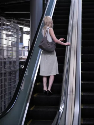 Carbon gray star charm drawstring cloud shoulder bag worn with a beige dress on an indoor escalator