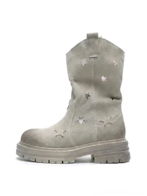 Gray perforated-star nubuck platform boots front three-quarter view showcasing intricate star cutout details on dusty grey suede upper with chunky lug sole