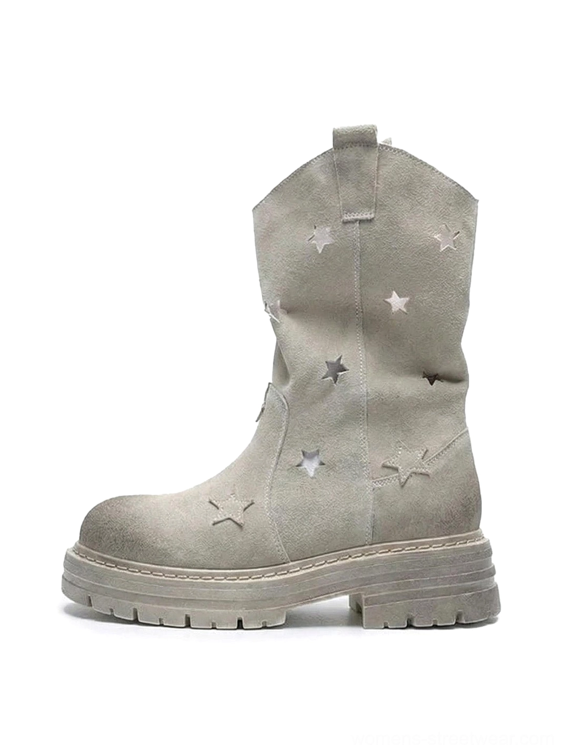 Gray perforated-star nubuck platform boots front three-quarter view showcasing intricate star cutout details on dusty grey suede upper with chunky lug sole