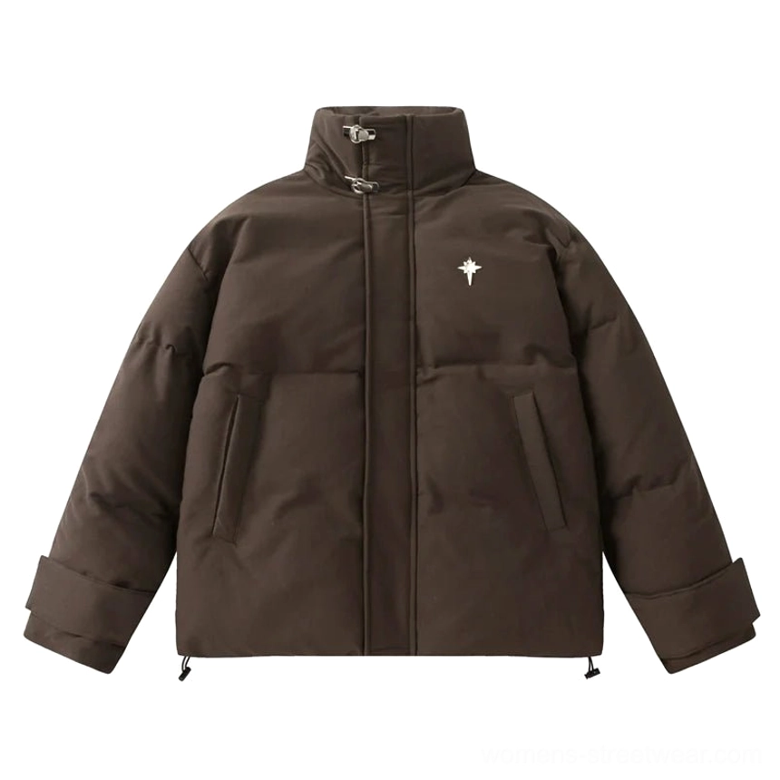 Star embroidered oversized stand collar puffer jacket detailed streetwear outerwear view