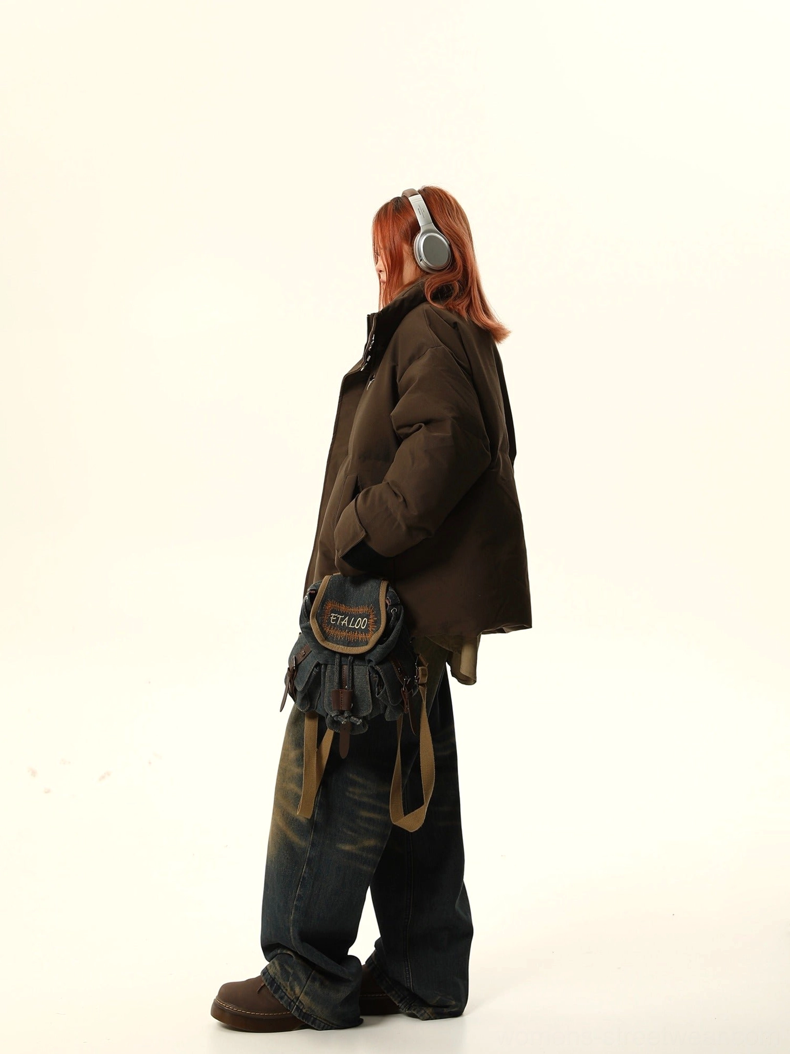 Star embroidered oversized stand collar puffer jacket contemporary streetwear product view