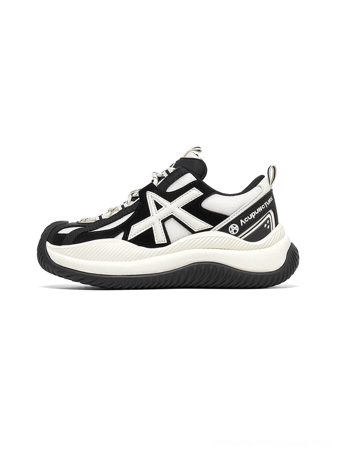 Star-lace wave-sole chunky sneakers side three-quarter view showcasing black white color blocking and thick textured wave-patterned outsole