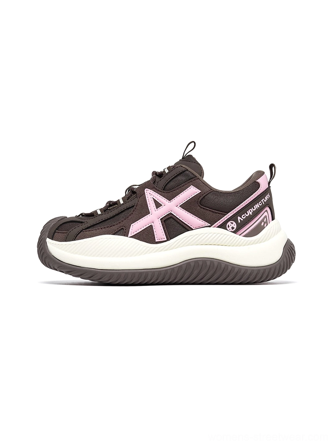 Brown wave-sole chunky sneakers complete side view profile showing brand details heel counter and thick wave-patterned outsole