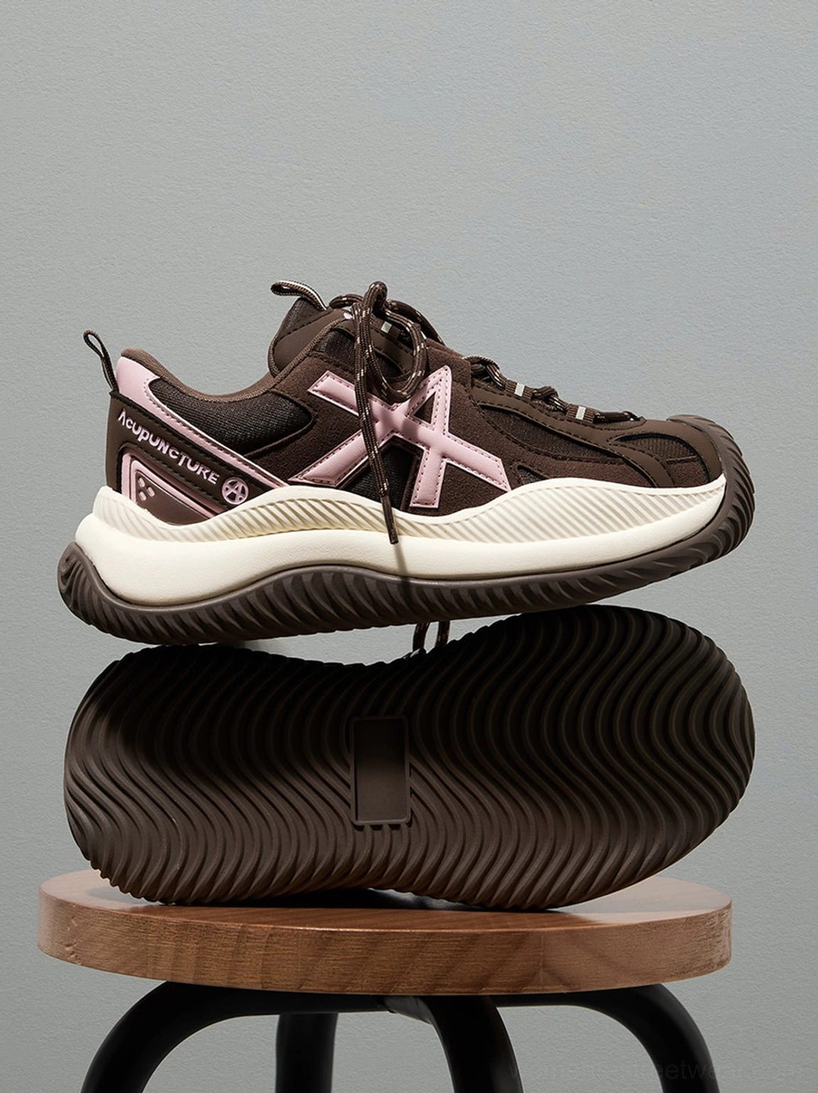 Mesh upper construction close-up view of chunky sneakers breathable synthetic blend material quality craftsmanship