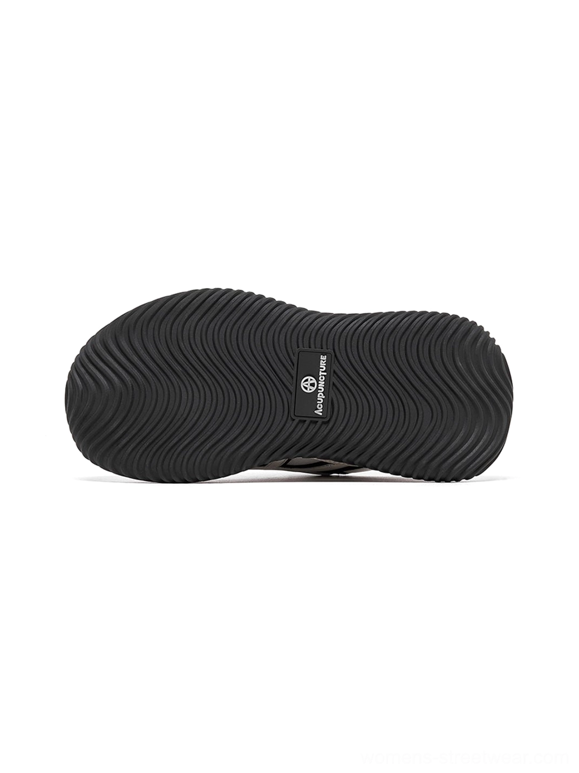 Wave-patterned sole close-up view textured rubber outsole traction pattern thick platform construction functional aesthetic