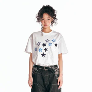 White star parade embroidered cotton oversized streetwear tee front full body view styled with black wide leg jeans