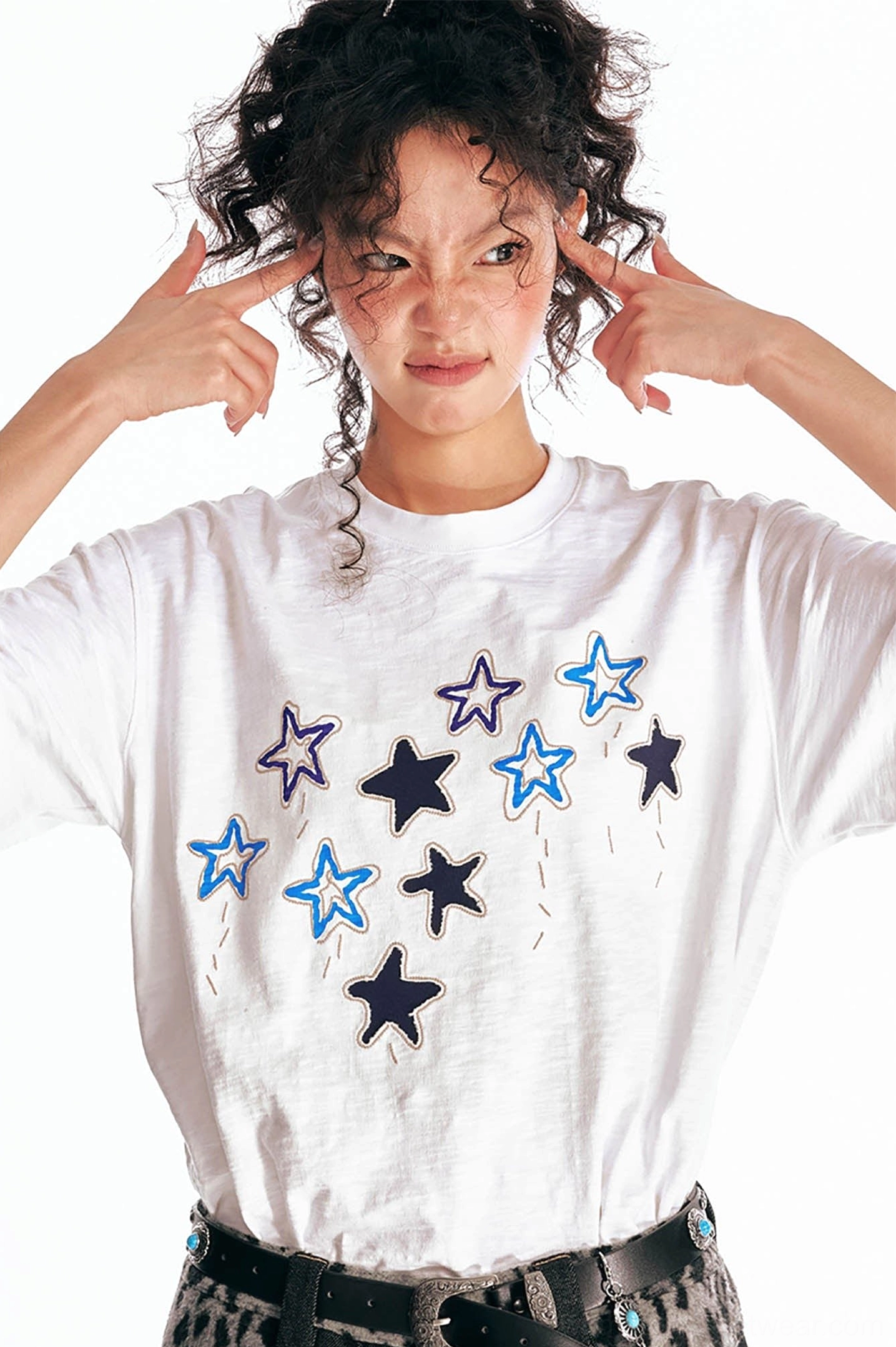 White star parade embroidered cotton oversized streetwear tee front view with relaxed short sleeve crewneck fit