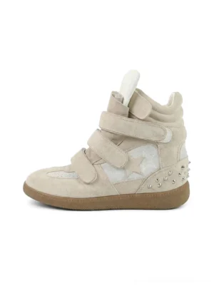 Light beige star Velcro hidden-wedge high-top streetwear sneakers with triple straps, metallic heel studs, and gum rubber sole