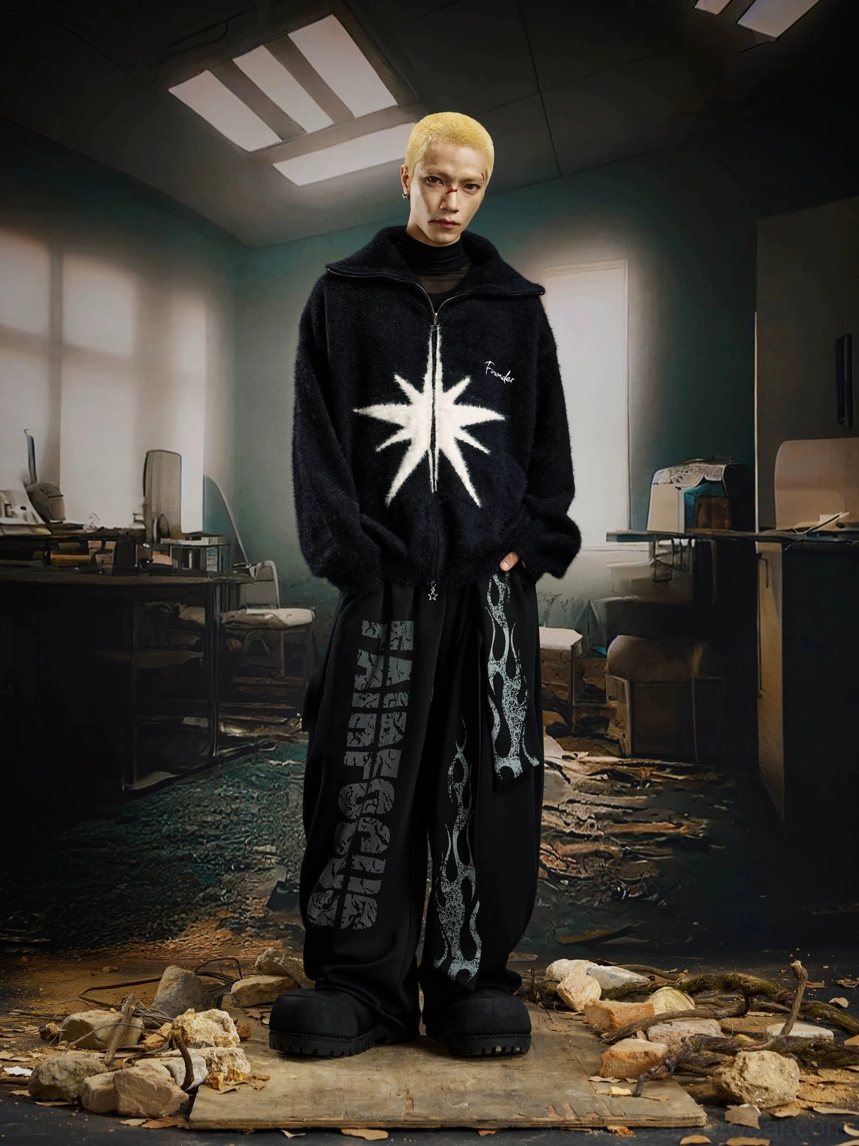 Black fuzzy starburst zip cardigan streetwear outfit with wide leg graphic pants