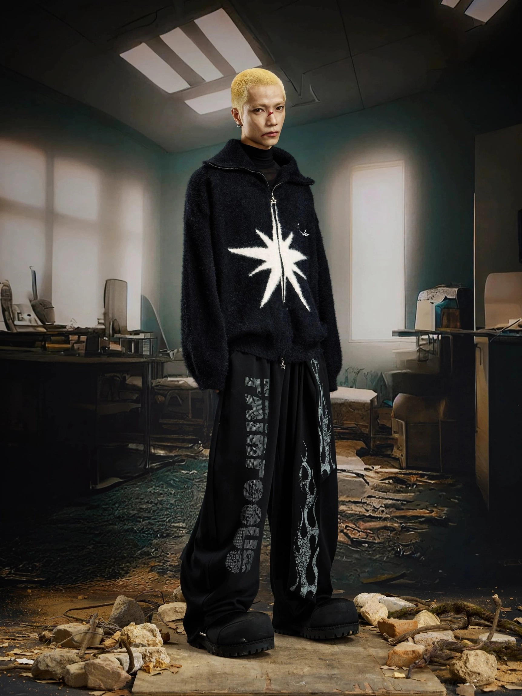 Black Starlight Starburst Fuzzy Zip Cardigan front view with contrasting white starburst graphic