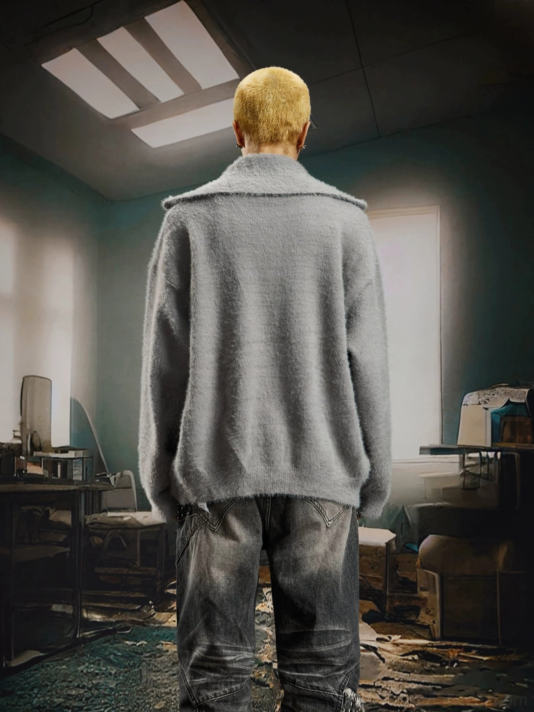 Gray Starlight Starburst Fuzzy Zip Cardigan back view showing relaxed oversized silhouette