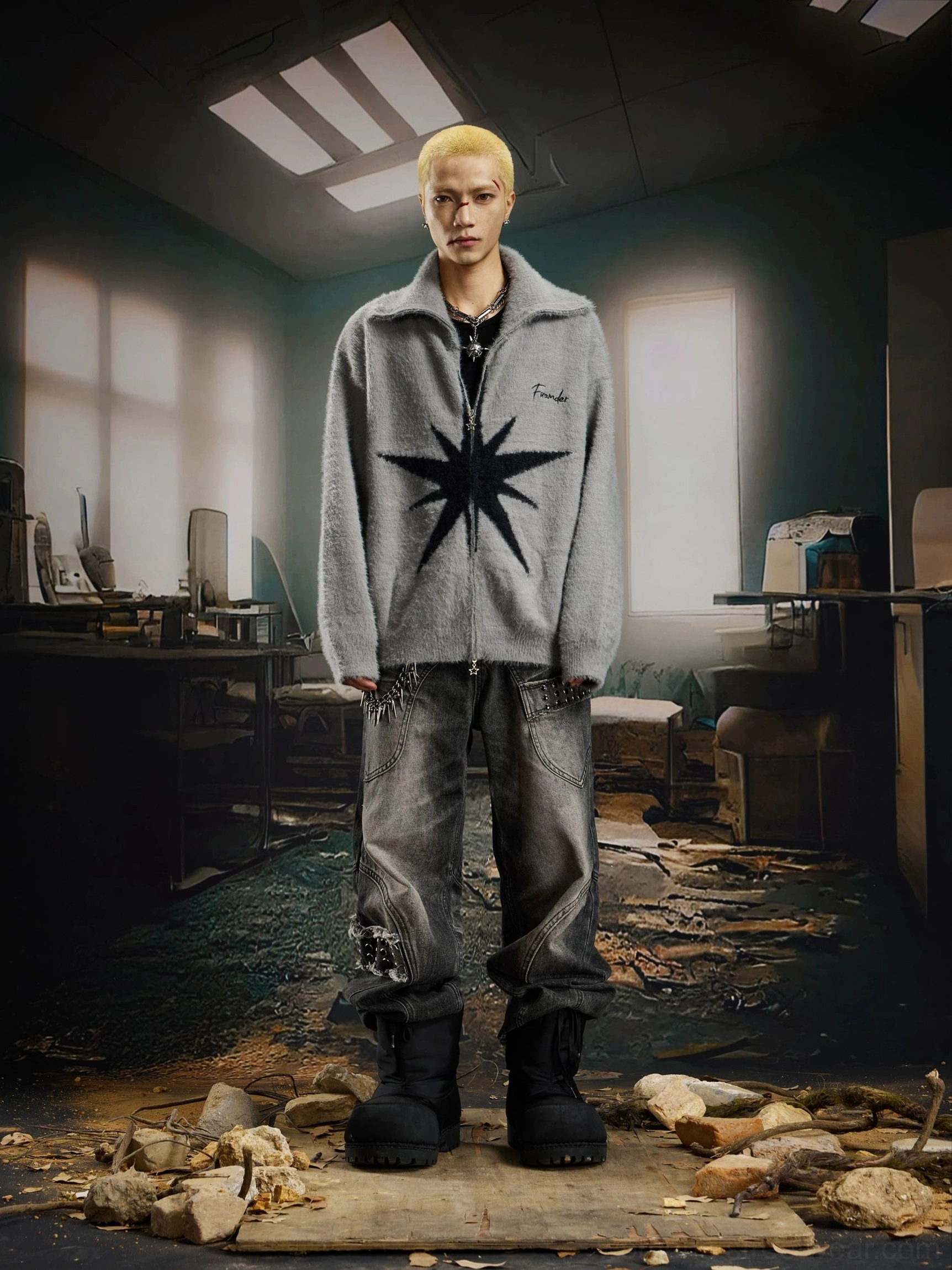 Gray fuzzy starburst zip cardigan with distressed work jeans and platform boots streetwear outfit