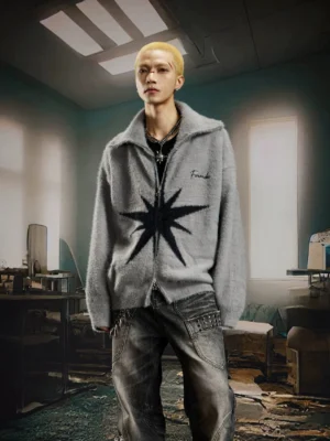 Gray Starlight Starburst Fuzzy Zip Cardigan front full body view in an industrial streetwear setting