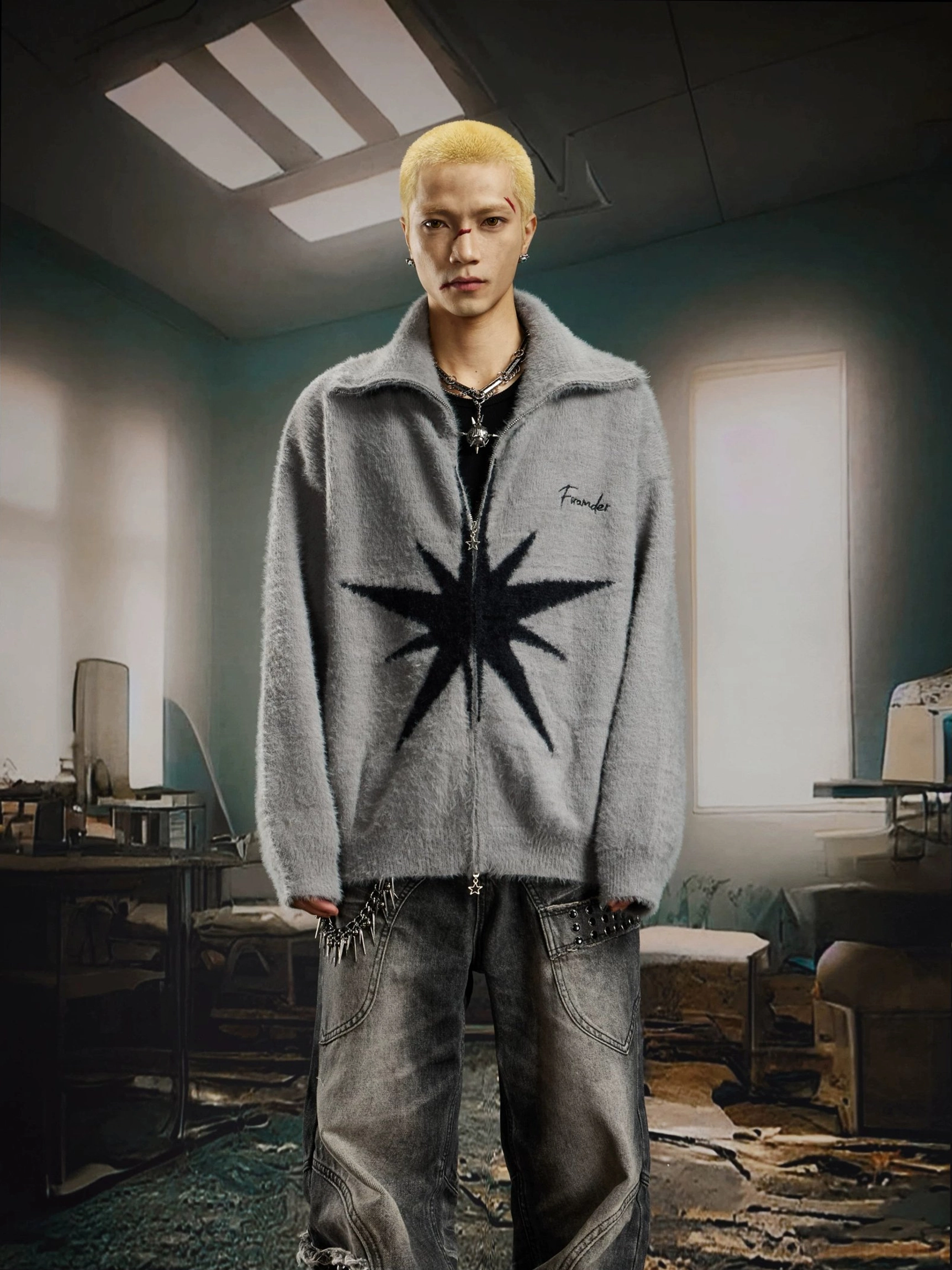 Gray Starlight Starburst Fuzzy Zip Cardigan plush zip up streetwear product view