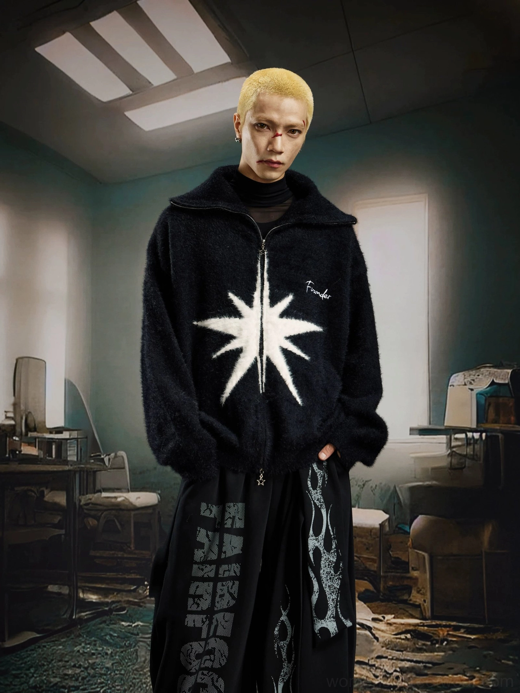 Starlight Starburst Fuzzy Zip Cardigan star graphic and relaxed streetwear fit detail