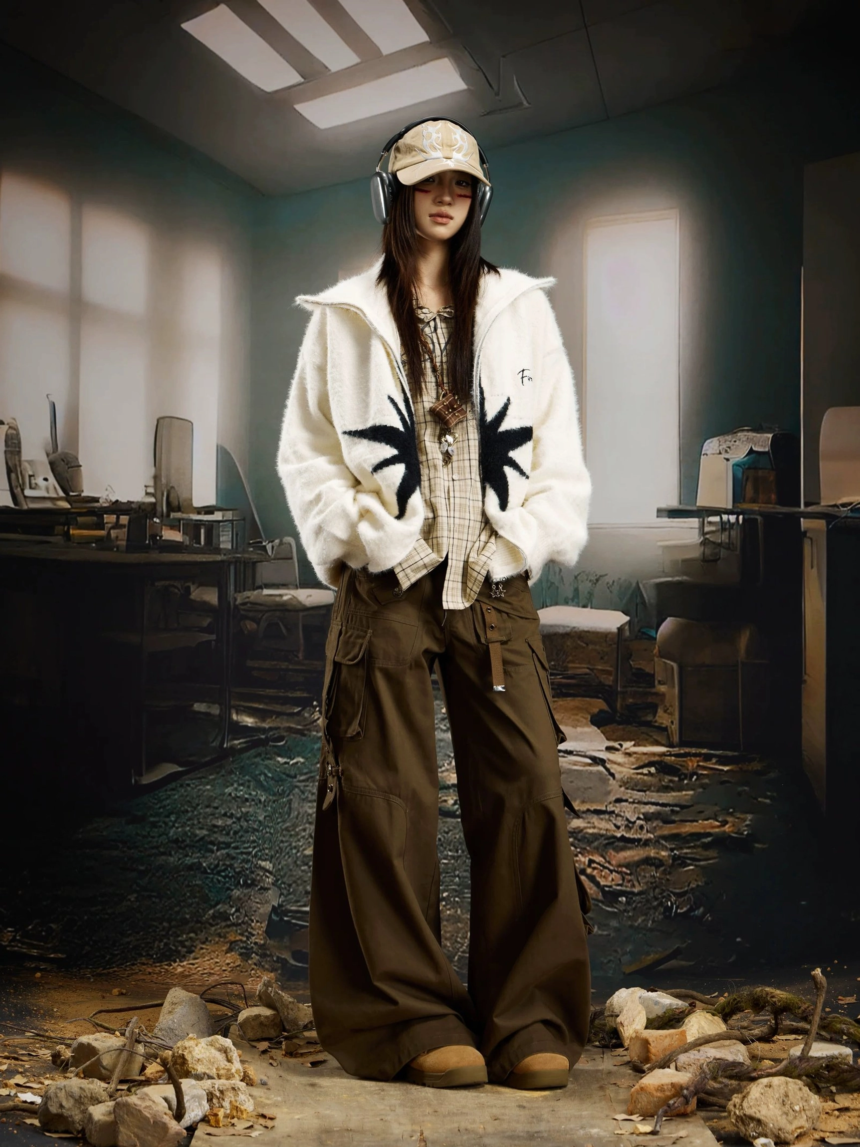White Starlight Starburst Fuzzy Zip Cardigan oversized front view styled with cap and headphones
