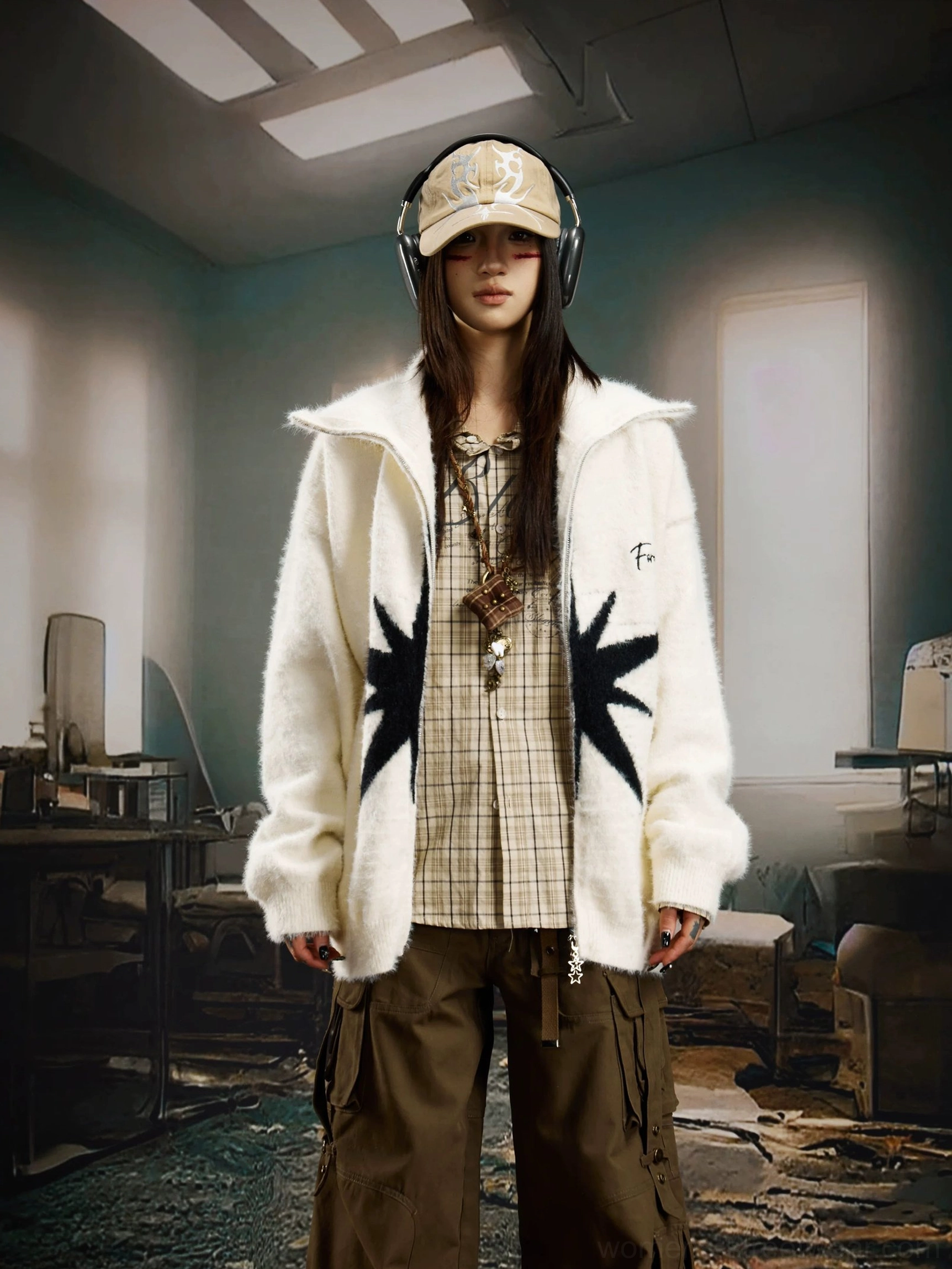 White Starlight Starburst Fuzzy Zip Cardigan oversized fuzzy knit product view