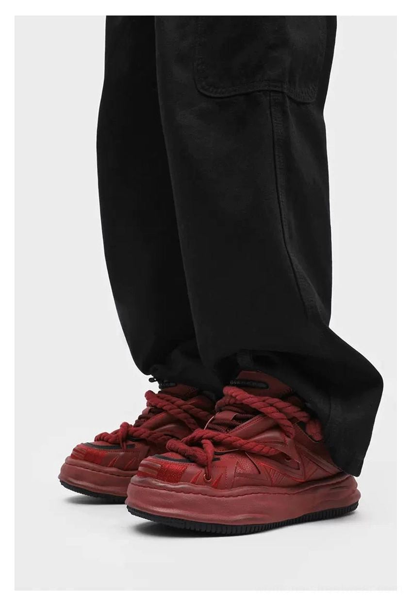 Statement chunky sneakers for Y2K, Korean fashion, and avant-garde outfits with frayed rope-lace details, mixed mesh upper, and worn-in platform styling
