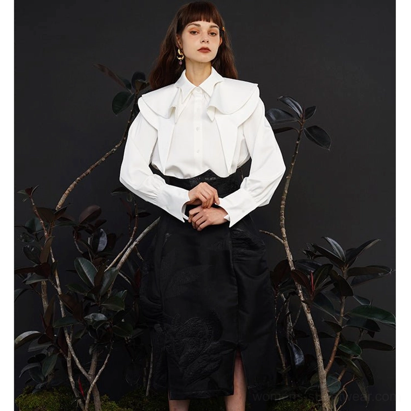 Statement layered collar blouse with fox charm and romantic lantern sleeves for Korean style wardrobes