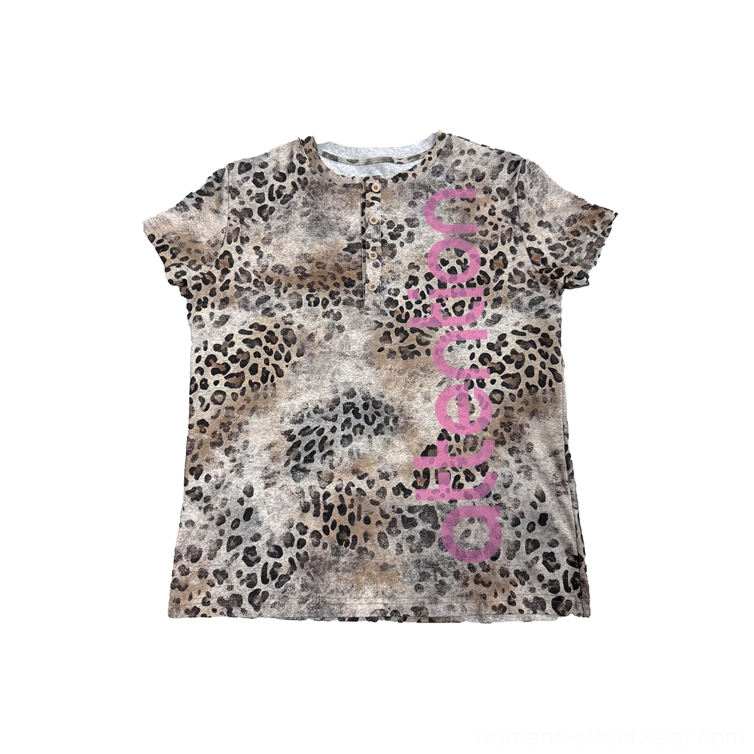 Statement leopard print Henley tee with faded animal pattern, contrast vertical graphic, and casual streetwear silhouette