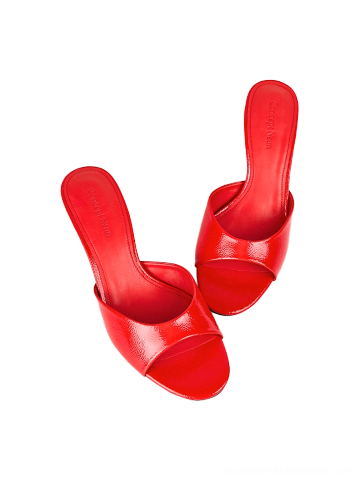 Statement patent kitten-heel mule slides adding a colorful fashion accent to streetwear looks