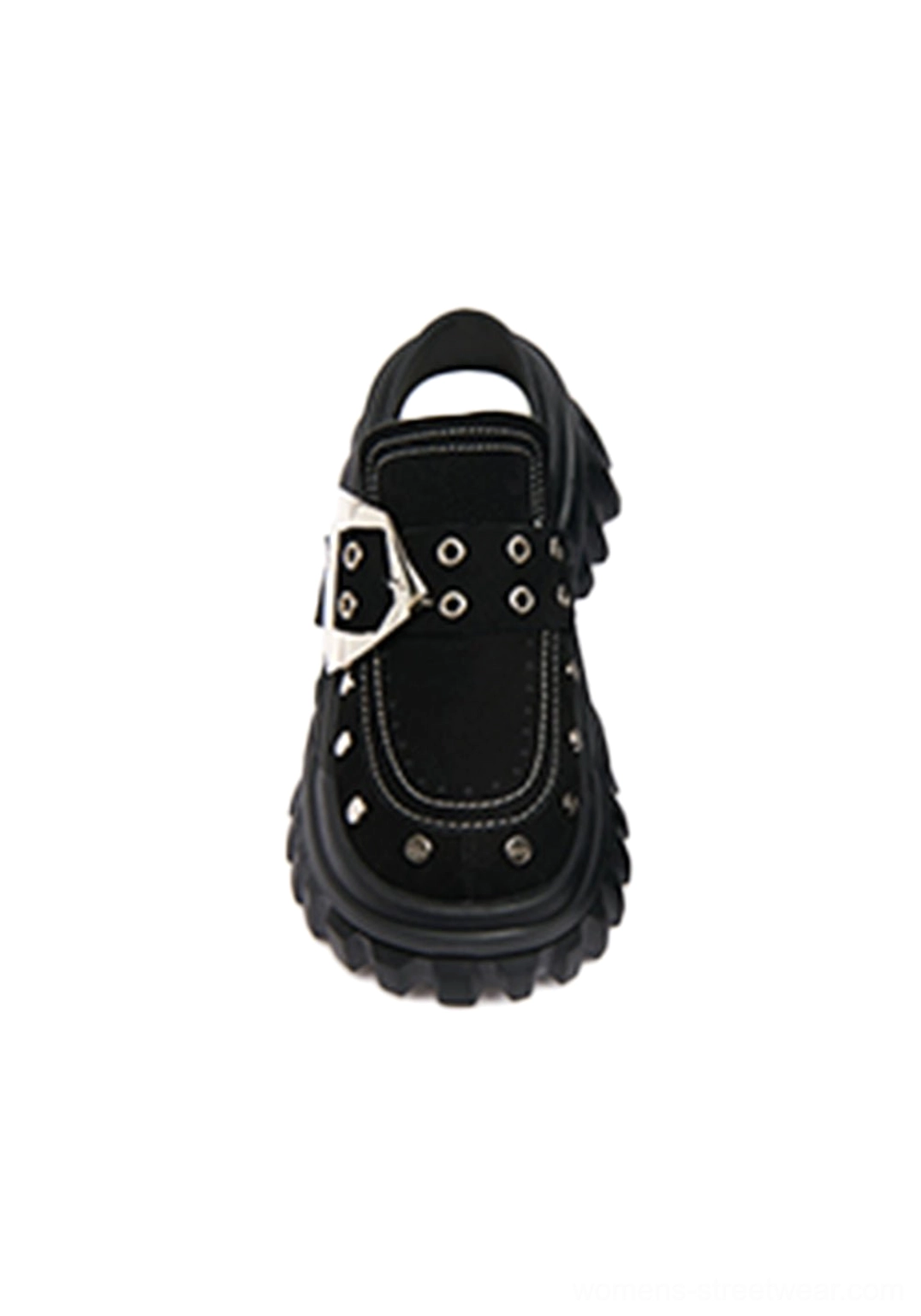 Statement platform mule shoes with oversized buckle and studded leather panels, suitable for Acubi, punk, and Seoul street fashion