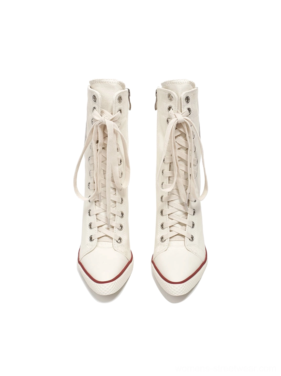 Canvas lace-up stiletto boots worn on model foot showing real-world fit heel height relationship to foot length and styling with casual streetwear accessories and apparel